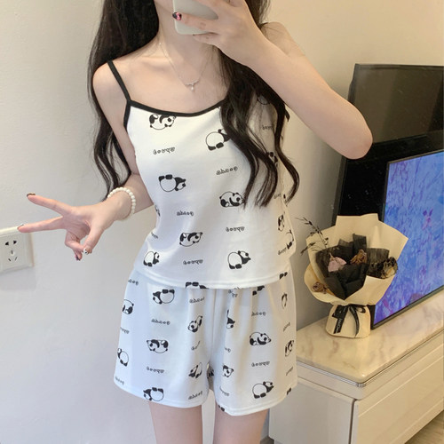 夏天女孩子吊带睡衣带固定胸垫薄款清爽可爱熊猫背心小衫两件套装