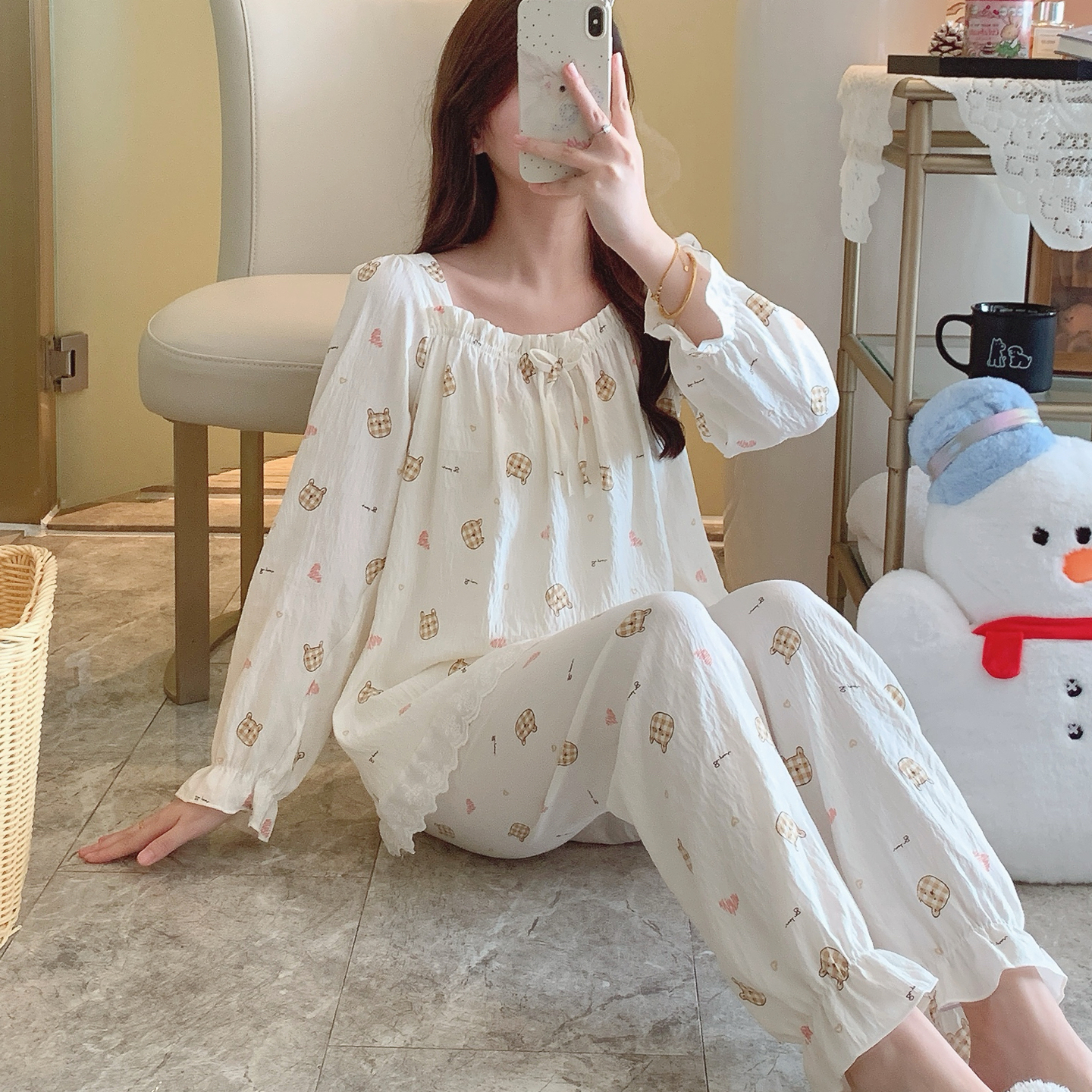 长袖睡衣女生春秋新款一字领韩版公主风束口云朵棉甜美家居服套装