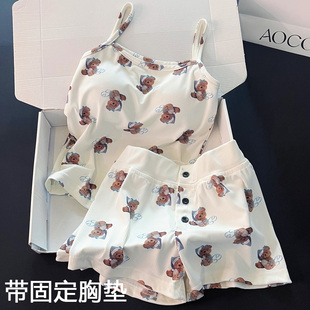 2025新款BM风小熊睡衣女夏季性感纯欲风短吊带热裤两件套装带胸垫