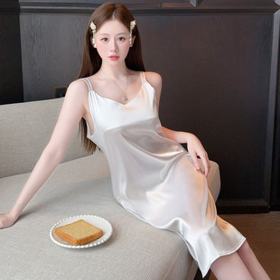 白色冰丝睡裙女士夏季 性感私房V领吊带裙睡衣柔软丝绸缎面家居服