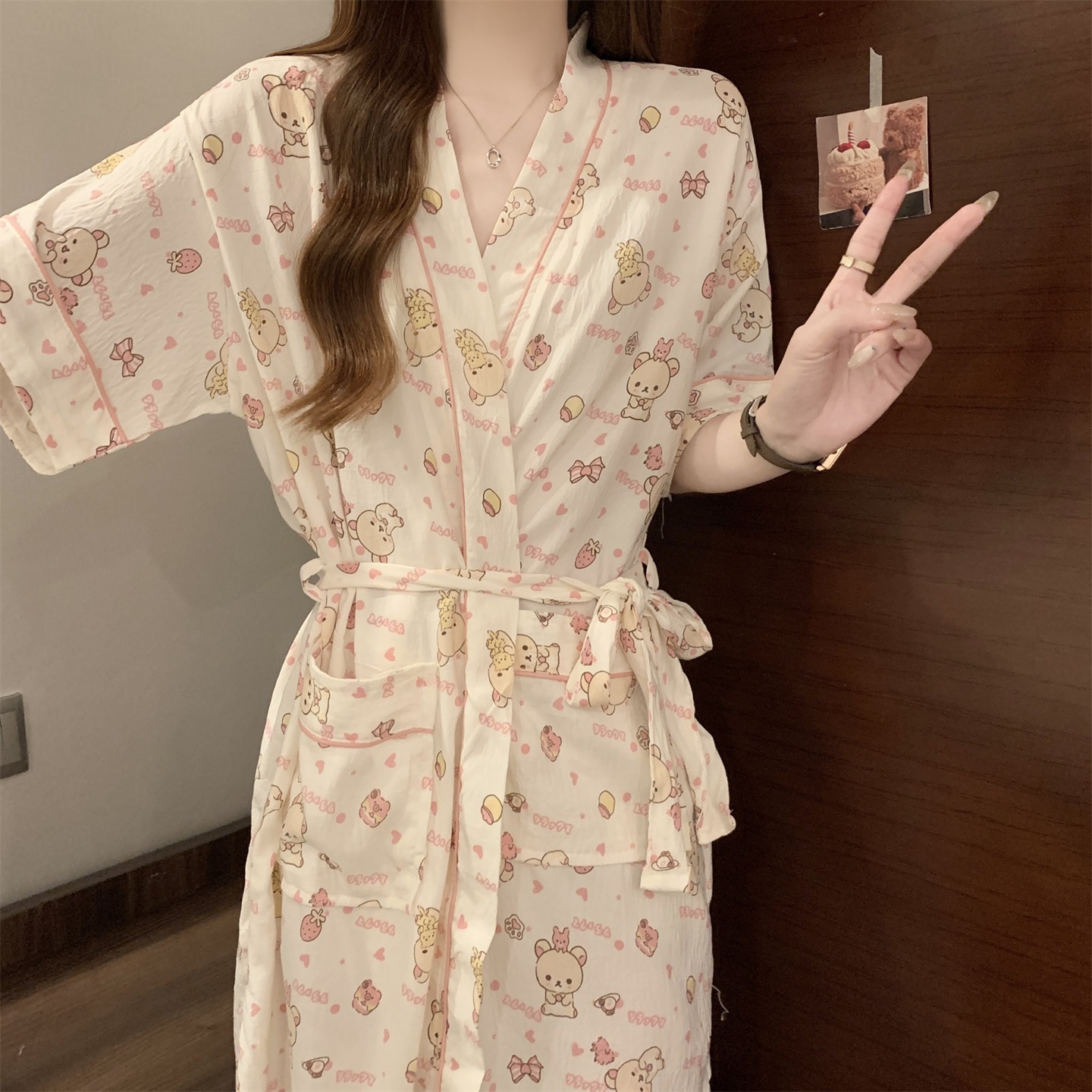 夏季短袖睡袍女生甜美可爱云朵棉系带睡裙中长款浴袍汗蒸桑拿睡衣