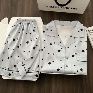 短袖睡衣女夏天冰丝斜纹开衫翻领短裤两件套装学生灰色星星家居服