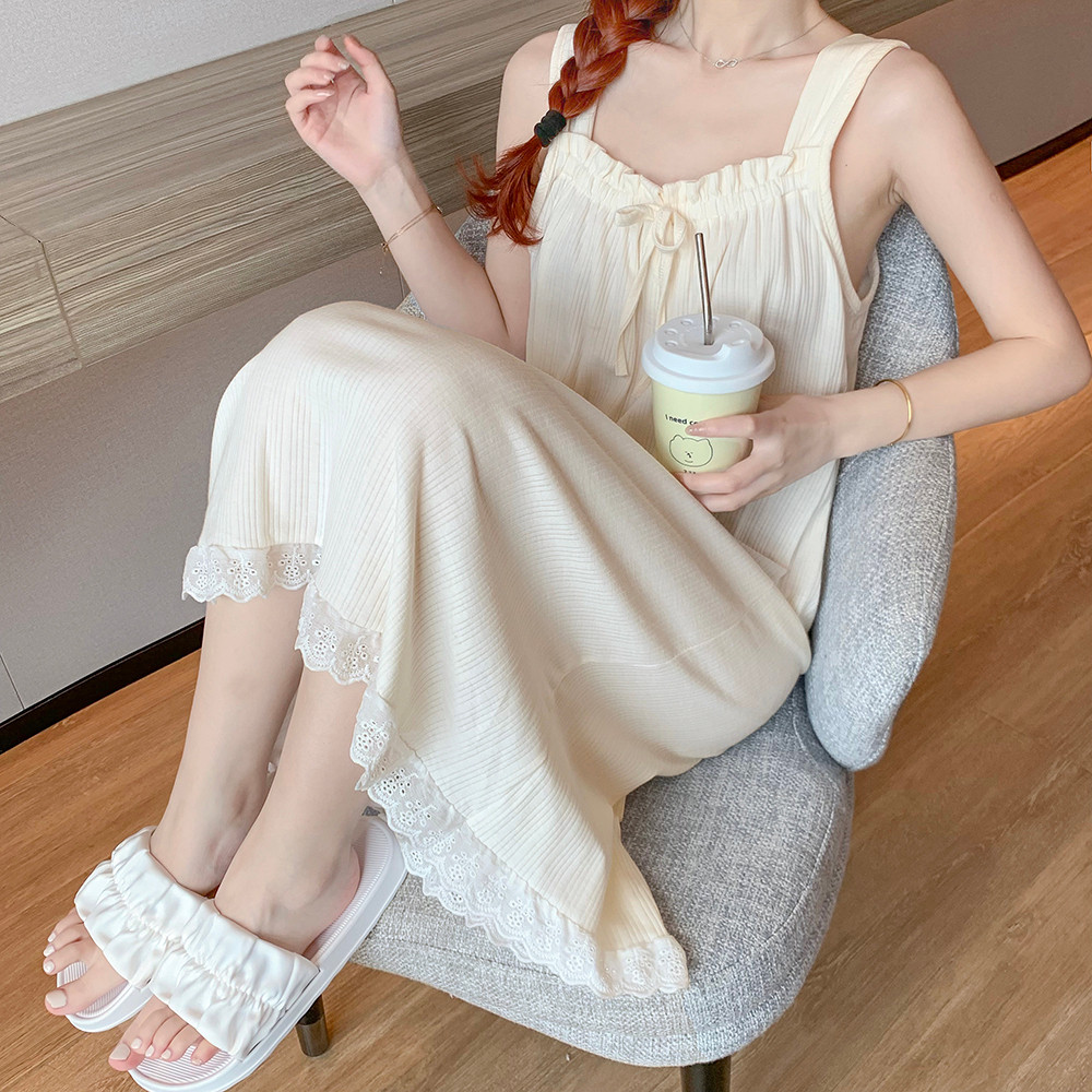 여성용 민소매 잠옷 여름 인터넷 연예인 공주 스타일 달콤한 원 라인 칼라 중간 길이 홈웨어 학생 서스펜더 스커트 잠옷