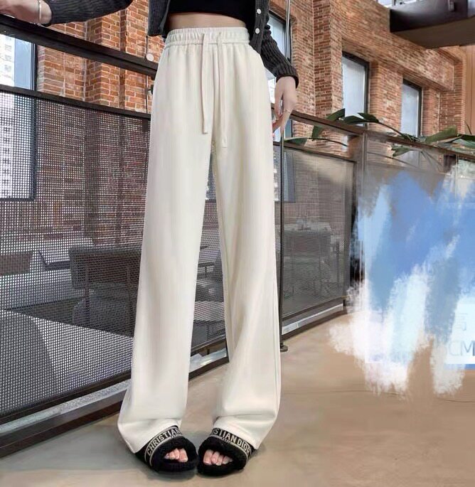 直筒拖地休闲奶油裤