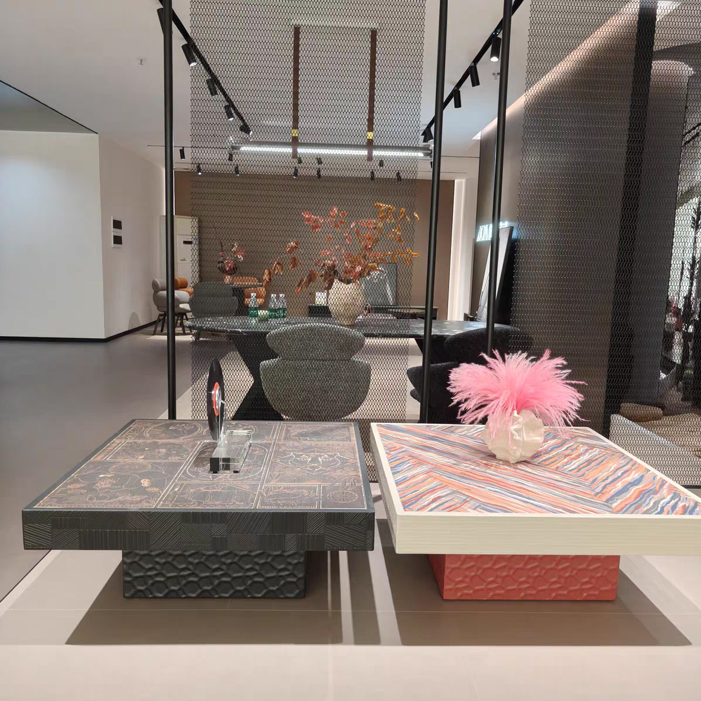 中古风浮雕花纹岩板茶几原创设计师款客厅家用实木长方形个性茶几