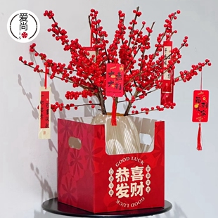 北美冬青简约双把手花篮盒恭喜发财冬青蝴蝶兰花瓶盆栽礼物礼盒