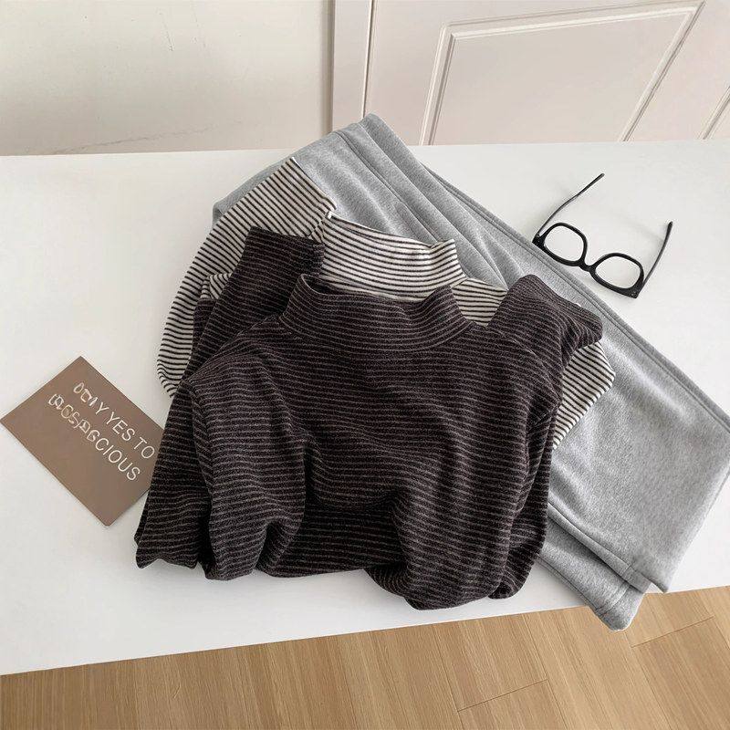 ins韩版细条纹半高领长袖T恤女加厚软糯德绒磨毛打底衫秋冬保暖衣