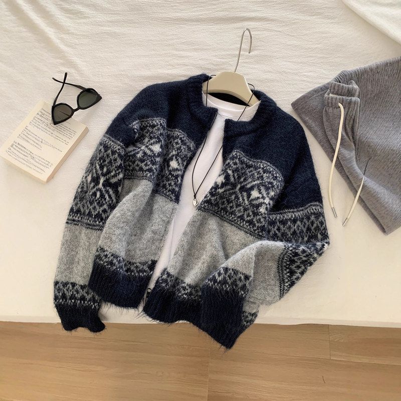 拉绒感雪花针织开衫女糯叽叽韩系复古提花圆领毛衣外套2025秋冬