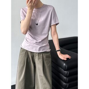 韩系ins风修身卷边短袖T恤女夏季薄款透气百搭基础短袖