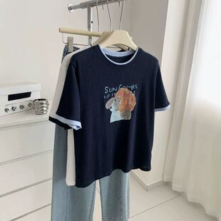 ins韩版假两件圆领卡通狗印花短袖女雪花肌理感学生T恤打底衫夏季