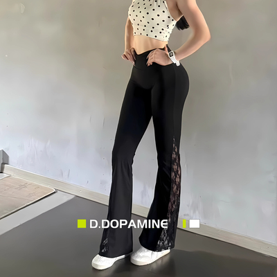 性感蕾丝镂空开叉辣妹休闲运动长裤瑜伽裤高弹喇叭裤