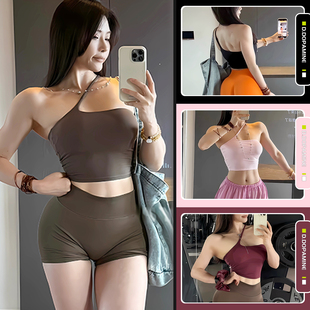 不规则斜肩欧美辣妹裸感运动瑜伽健身背心带胸垫