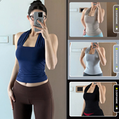 挂脖褶皱美背瑜伽服吊带运动健身背心夏带可拆胸垫