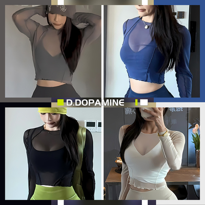 性感微透高弹微压网纱上衣透气弹力运动健身瑜伽罩衫无胸垫