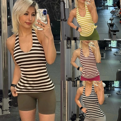 春夏新款U领挂脖瑜伽背心带胸垫户外跑步徒步外穿运动上衣女