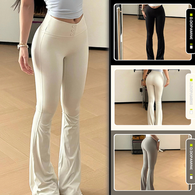 裸感奶皮美臀超模裤休闲运动喇叭长裤纽扣高弹显瘦瑜伽裤运动长裤