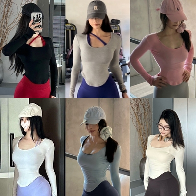 圆弧下摆遮肚早秋打底显瘦收腰低胸外穿运动健身长袖女上衣