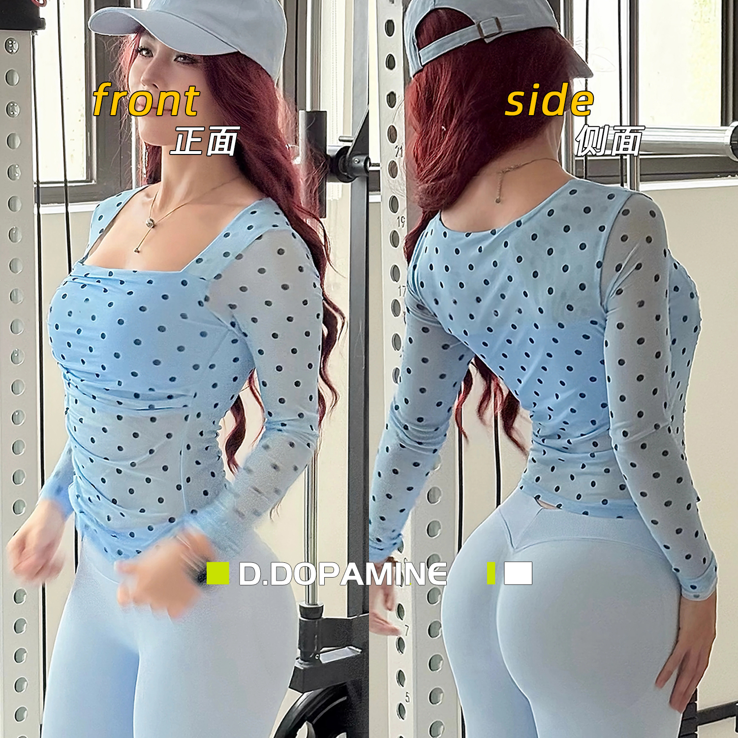 复古波点纯欲网纱健身长袖女下摆褶皱显瘦一体杯瑜伽服带胸垫