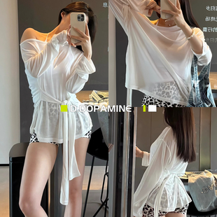 收腰绑带设计感慵懒风宽松运动休闲长袖T恤女健身瑜伽防晒罩衫