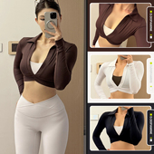 奶皮裸感健身长袖 打底训练外穿弹力瑜伽服 翻领缩褶叠穿运动长袖