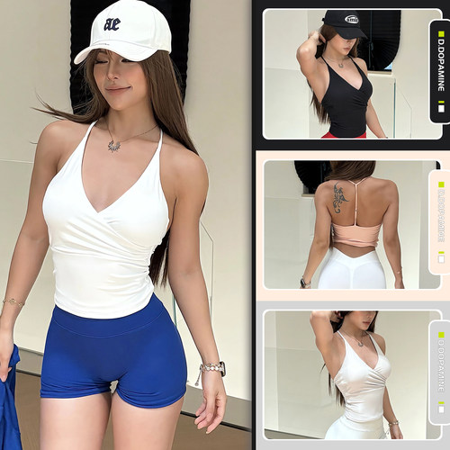 性感Y领交叉显大收腰显瘦瑜伽上衣运动内衣普拉提训练服带胸垫