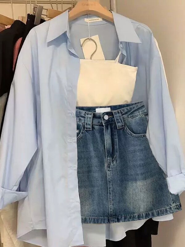 套装女2023新款大码女装韩版吊带背心百搭衬衫牛仔短裙三件套