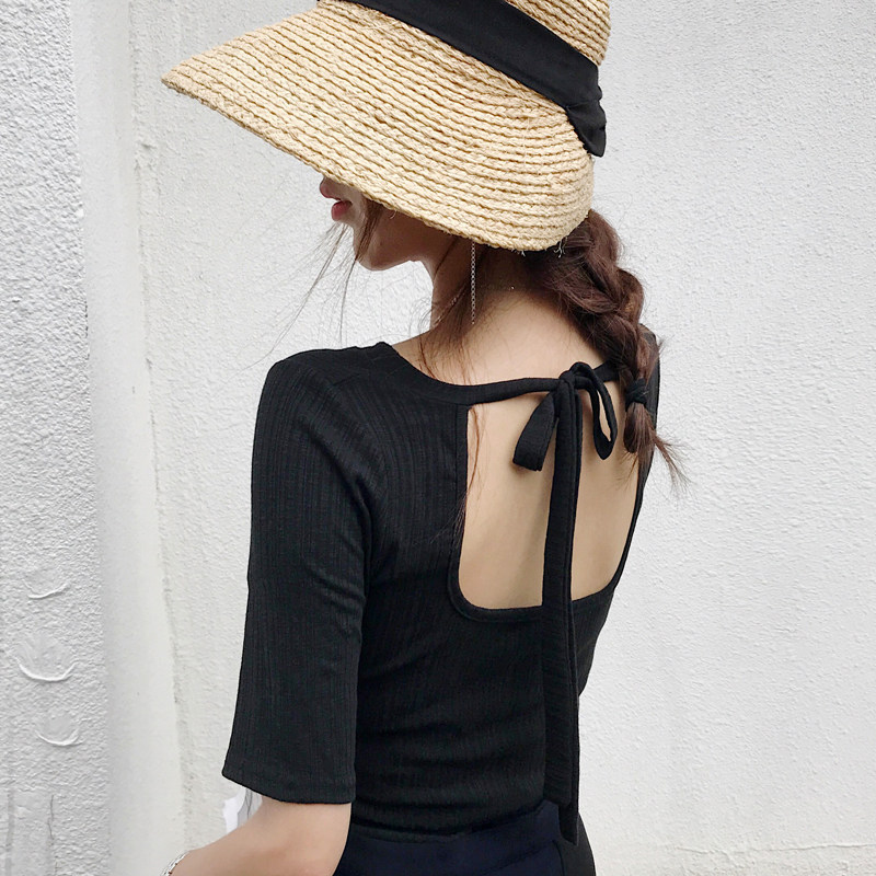 2022新品韩范性感纯色露背绑带蝴蝶结短袖t恤女夏修身上衣打底衫