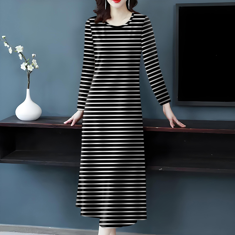 复古气质条纹长袖连衣裙女秋季新款休闲慵懒风长款宽松显瘦长裙子