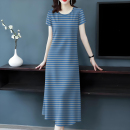 新款 长裙条纹宽松遮肚减龄长款 女装 圆领短袖 连衣裙 夏季 好品捡漏