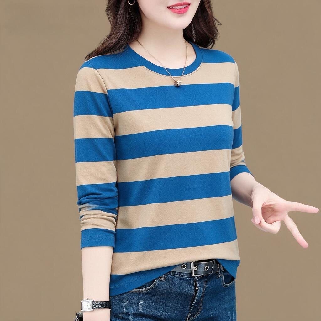 清仓捡漏~春秋新款高档条纹女装长袖宽松遮肚显瘦减龄T恤女上衣潮