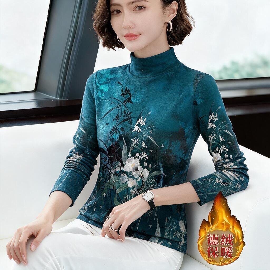 上新~德绒半高领秋季薄绒款打底衫女长袖时尚印花百搭保暖上衣