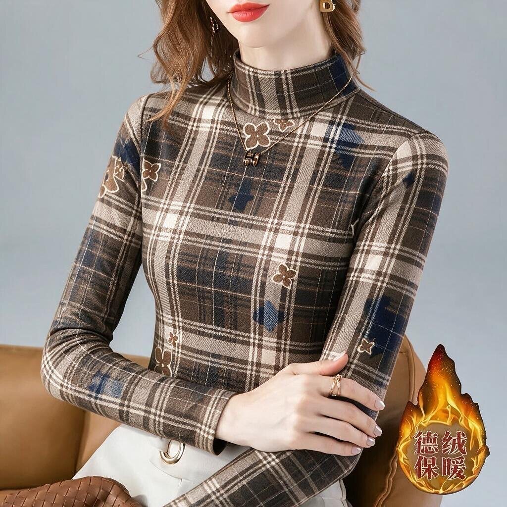 时尚气质德绒半高领长袖t恤春秋冬季薄绒款内搭保暖宽松显瘦上衣