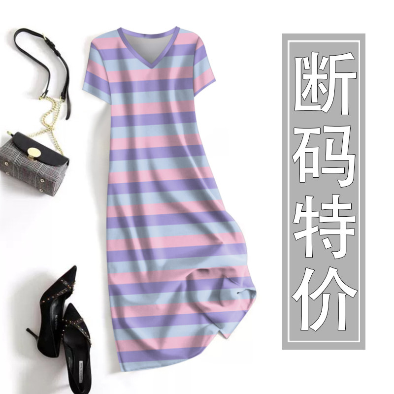 夭夭依~夏季新款女装条纹低圆领短袖中长裙宽松遮肚减龄连衣裙女
