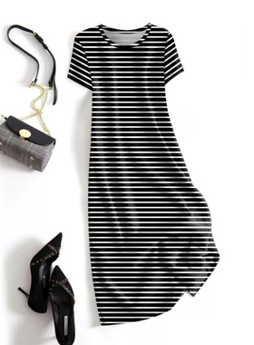 好品捡漏~夏季新款女装短袖中长裙条纹宽松显瘦遮肚减龄连衣女裙