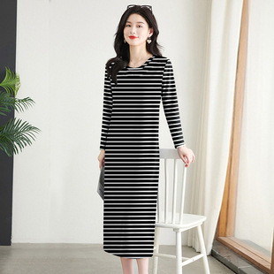 上新~复古条纹长袖连衣裙女春秋新款休闲慵懒风长款宽松显瘦长裙