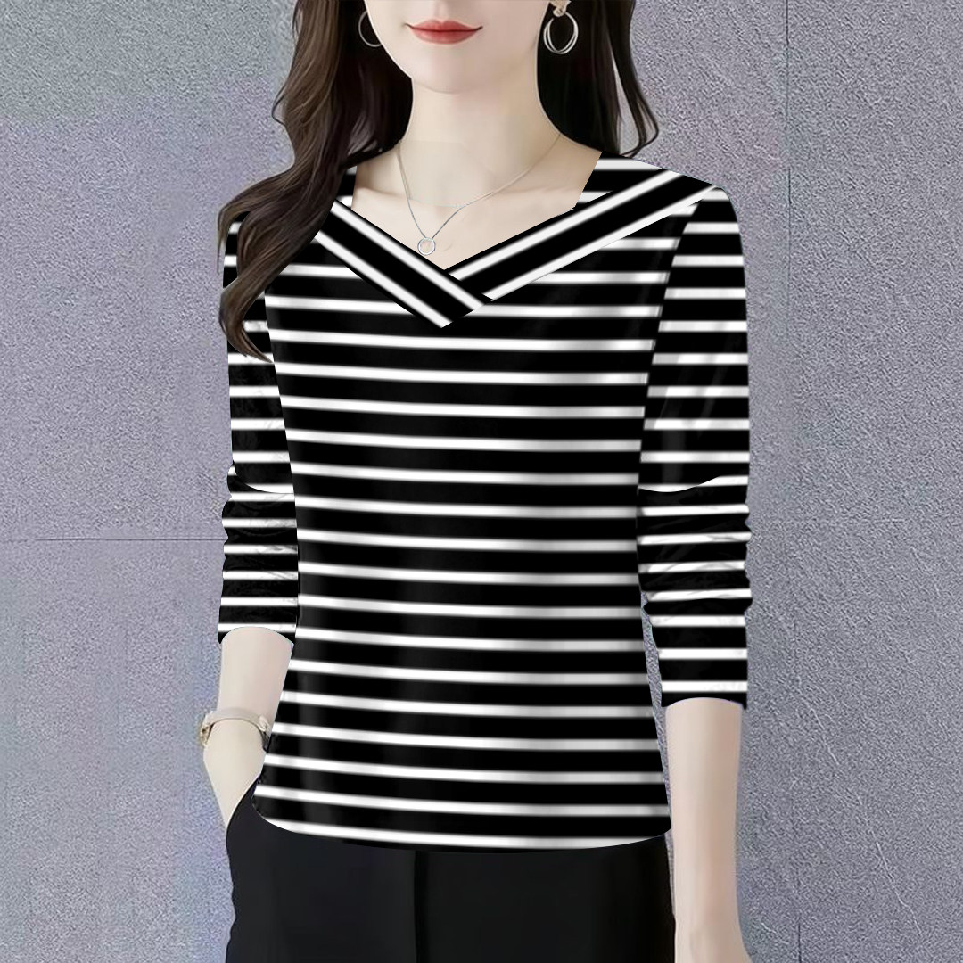条纹长袖t恤女新款宽松显瘦体恤穿搭休闲女士打底衫正肩v领上衣女