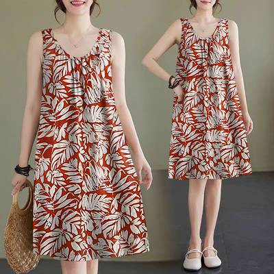2025夏季新款宽松吊带a字裙遮肚显瘦无袖背心裙圆领碎花连衣裙女