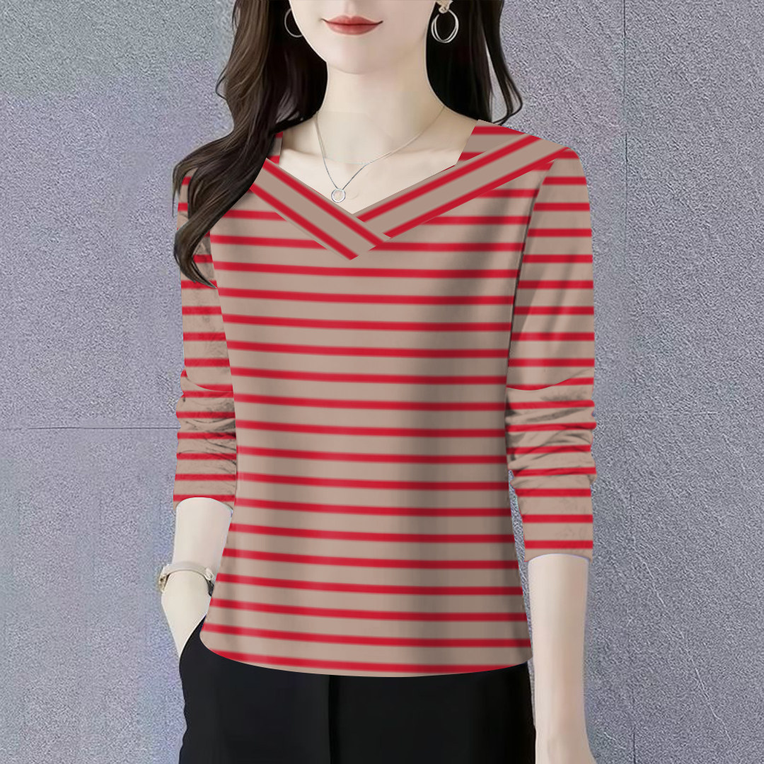 条纹长袖t恤女新款宽松显瘦体恤穿搭休闲女士打底衫正肩v领上衣女