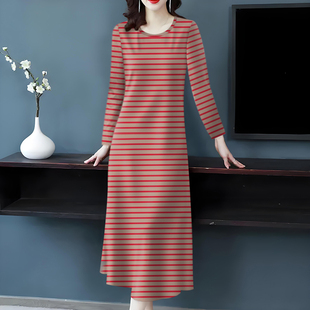 休闲慵懒风长款 新款 宽松显瘦长裙子 连衣裙女秋季 复古气质条纹长袖