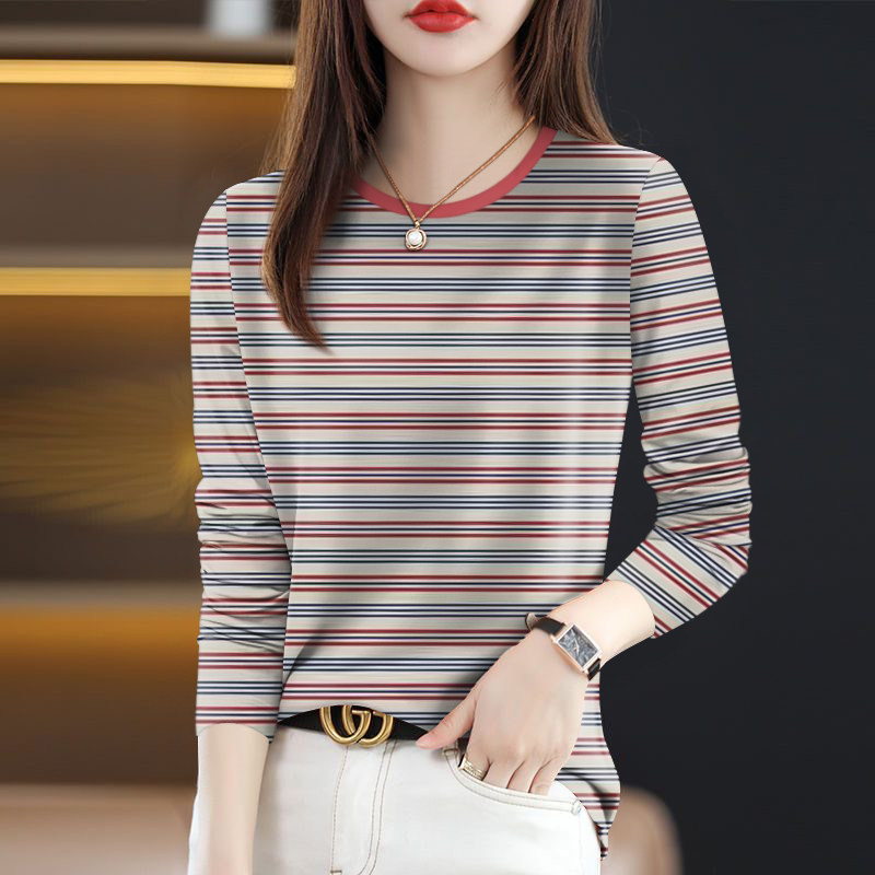 夭夭依~女装夏季新款圆领经典条纹长袖宽松显瘦遮肚T恤女上衣潮