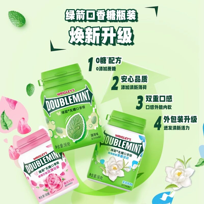 原味口香糖绿箭口香糖原味薄荷约40粒/瓶绿茶玫瑰味清新口气办