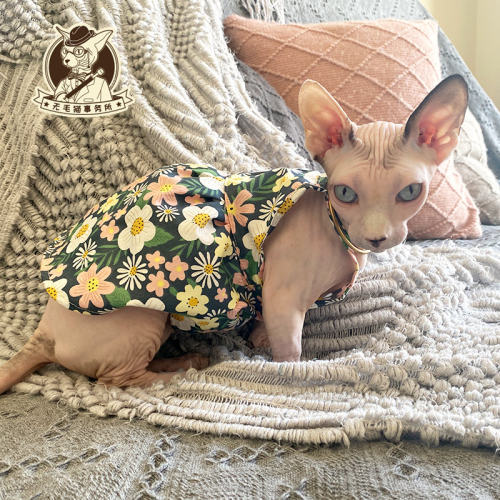 无毛猫事务所斯芬克斯德文猫衣服粉色碎花吊带连衣裙猫咪衣服背心 - 封面