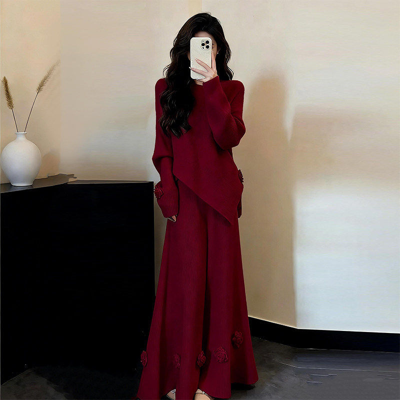 气质红色针织连衣裙女巨好看的春装收腰高级感漂亮打底内搭长裙子