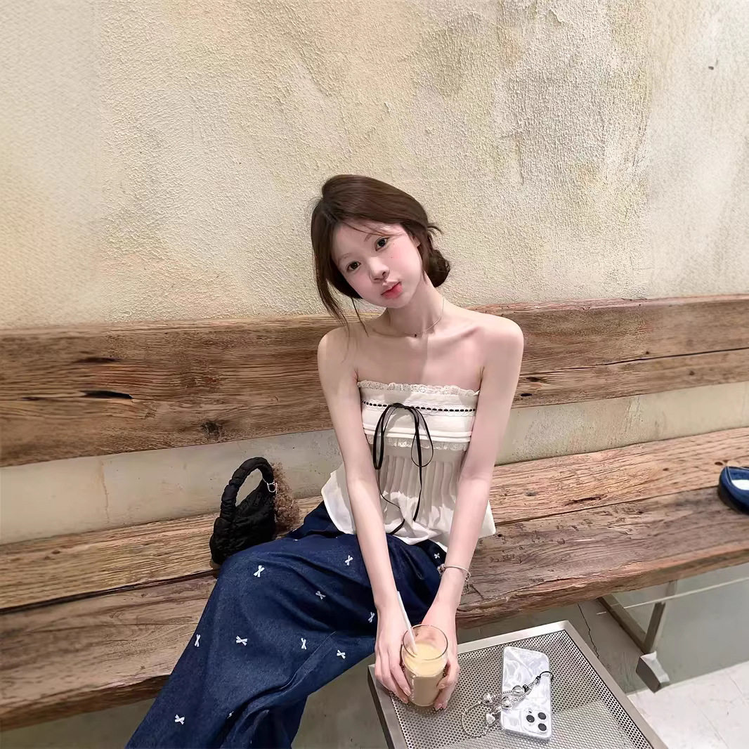 2026年新款设计感纯欲风蕾丝花边抹胸背心上衣女装夏季蝴蝶结