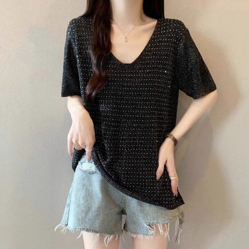 黑色烫钻V领短袖T恤女202
