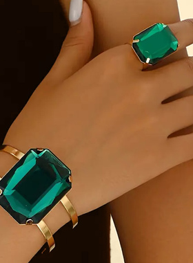 欧美跨境货源夸张红宝石祖母绿手镯戒指套装女小众设计感首饰套装