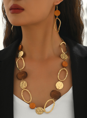 美拉德气质圆环锤纹串珠项链耳环