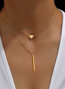 欧美跨境货源时尚简约个性金属爱心长条项链女双层锁骨链百搭项饰