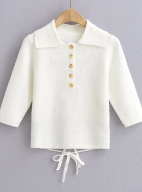 秋季新款时尚欧美风打底针织衫后背系带露腰中袖毛衣女潮5755025