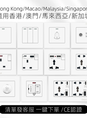 港澳国际通用多功能/英标带USB-C快充菲士插开关墙面插座暗装白色